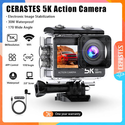 CERASTES Action Camera 5K 4K 60FPS WiFi Anti-shake Dual Screen 170° Wide Angle 30m Waterproof Sport Camera with Remote Control