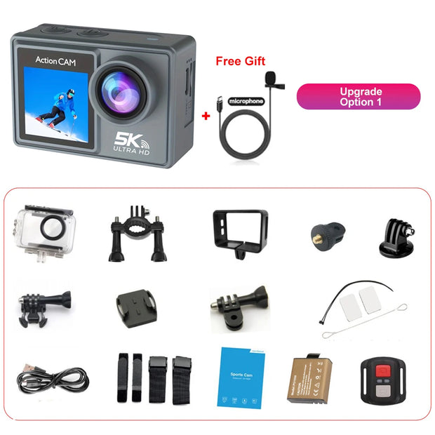 5K Action Camera 4K60FPS Dual IPS Touch LCD DVR EIS 170° 30M Waterproof 5X Zoom Sport Camera With Wireless Mic&Remote Control