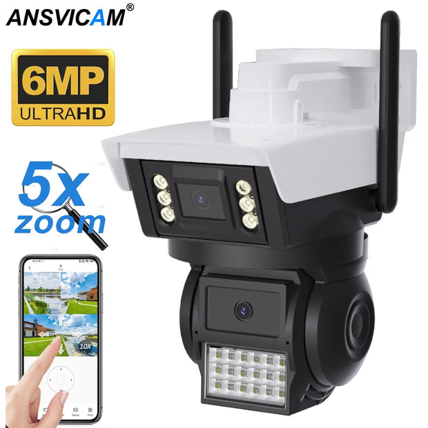 6MP 4K WiFi Camera Dual Lens Dual Screen Outdoor Waterproof Security Video Surveillance Camera Alarm Light IP Camera