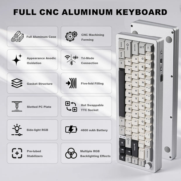 YUNZII AL66 Silver 66-Key CNC Aluminum Knob Wireless Bluetooth/2.4G/Wired Hot Swap Gasket Mounted RGB Mechanical Gaming Keyboard