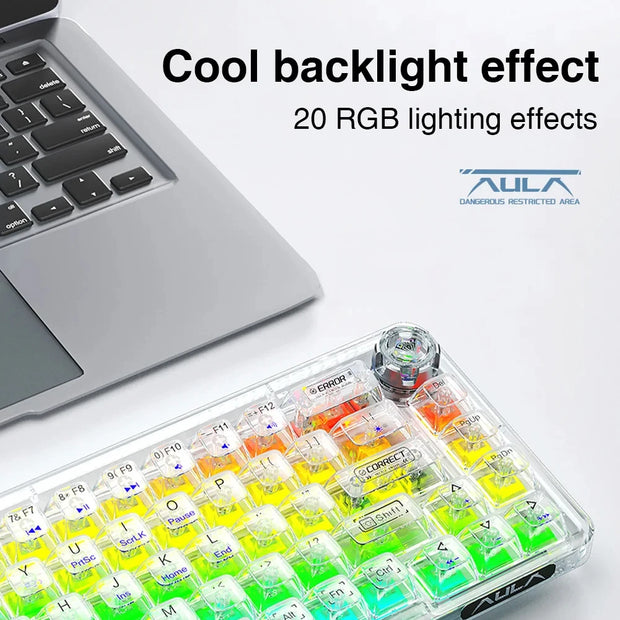 AULA F68 Mechanical Keyboard 2.4G Wireless/BT/Wired Transparent Keycaps For Colored Lights Work Gaming Keyboard W/ RGB Backlight