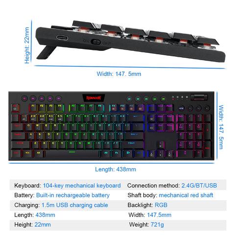 REDRAGON Horus K618 RGB support Bluetooth 5.0 wireless USB 2.4G 3 mode Mechanical Gaming Keyboard 104 Keys for Compute PC Laptop