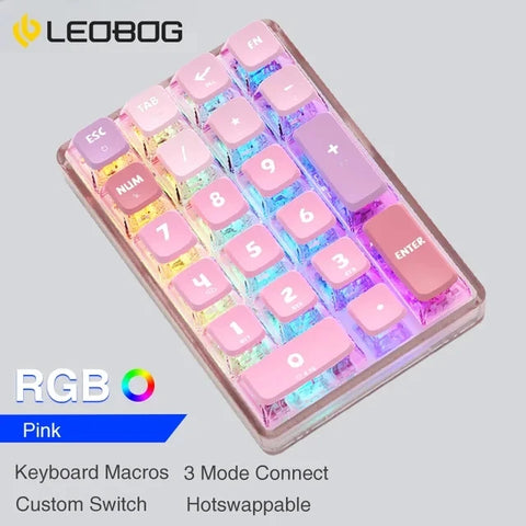 LEOBOG K21 Mini Number Keyboard 21 Transparent Key Mechanical Numeric Keypad 3 Mode Numpad 600mAh Gaming Keyboard With RGB Light