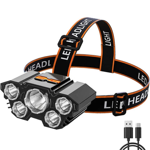 Usb Rechargeable 5 Led Headlamp Super Bright Head-Mounted Strong Flashlight Built-in Battery Outdoor Camping Night Fishing Lamp