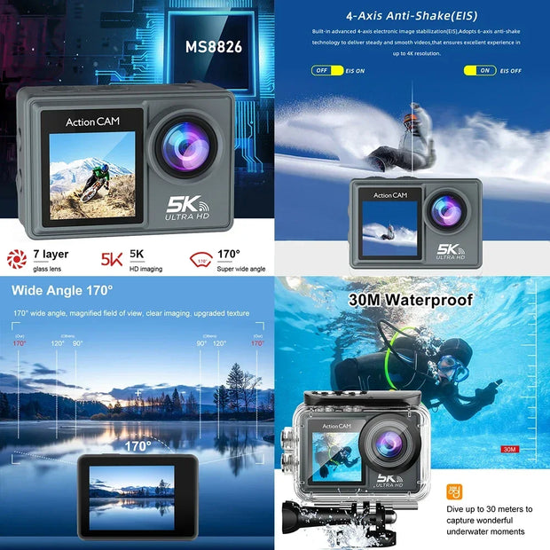 5K 4K60FPS Action Camera Dual IPS Touch LCD EIS 170° DVR 30M Waterproof 5X Zoom Sport Camera With Wireless Mic & Pre Recording