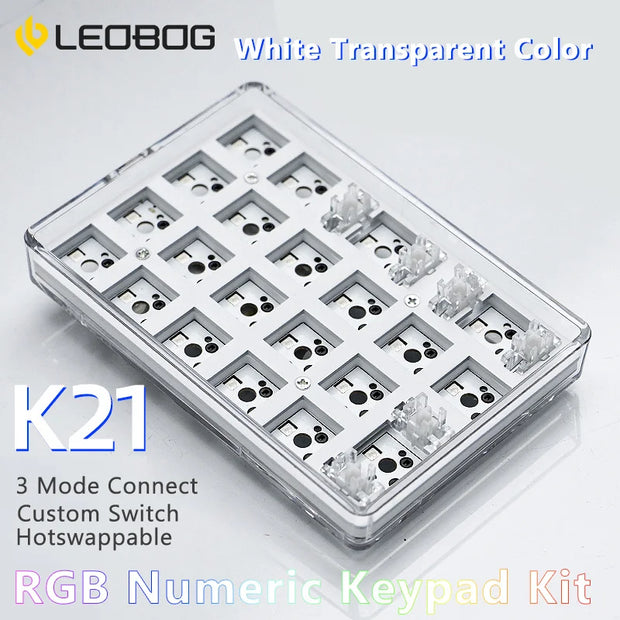 LEOBOG K21 Mini Number Keyboard 21 Transparent Key Mechanical Numeric Keypad 3 Mode Numpad 600mAh Gaming Keyboard With RGB Light