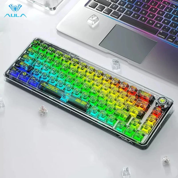 AULA F68 Mechanical Keyboard 2.4G Wireless/BT/Wired Transparent Keycaps For Colored Lights Work Gaming Keyboard W/ RGB Backlight