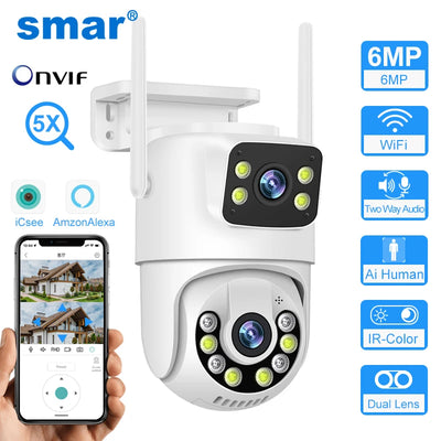 Smar 6MP PTZ WiFi IP Camera Dual Lens With Dual Screen Two-way Audio Auto Tracking Security Outdoor CCTV Vedio Surveillance ICSe