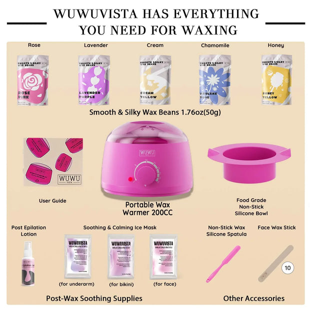 WUWUVISTA Waxing Kit 23 items, Christmas Gift Hard Wax Hair Removal with Wax Heater&Beans for Body/Face/Brazilian/Sensitive Skin