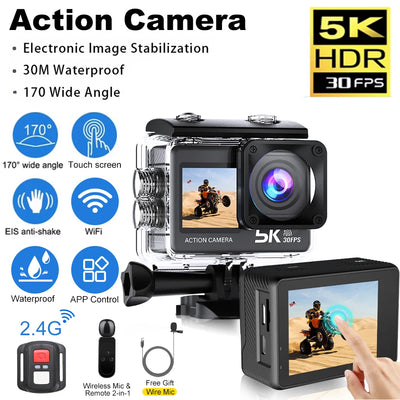 5K 4K60FPS Action Camera 2" Touch LCD 5X Zoom WiFi EIS Dual Screen 50MP 170° DVR Webcam 30M Waterproof Moto Helmet Sport Camera