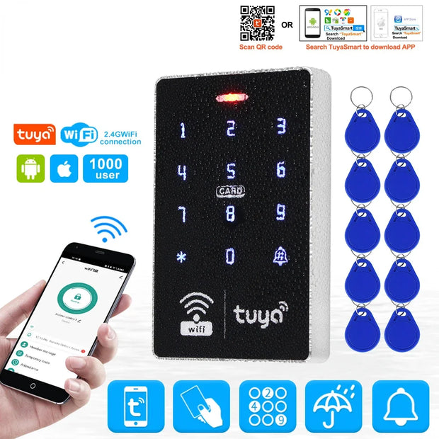 IP68 Waterproof WiFi Tuya Access Control System Keypad RFID Keyboard APP Remote Unlocking  Wiegand Output 125KHz and 13.56MHz