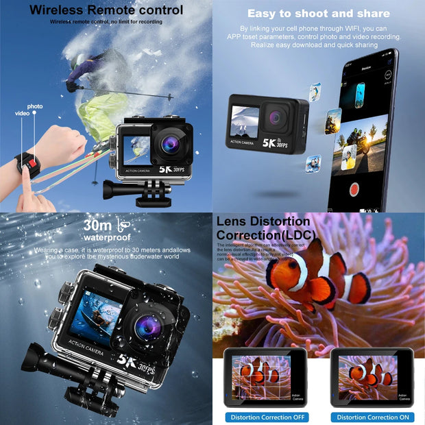 Action Camera 5K30FPS 4K60FPS 2.0 Touch LCD 48MP EIS DVR Webcam Dual Screen Wi-Fi 170D Waterproof 30M 5X Zoom Sports Camera