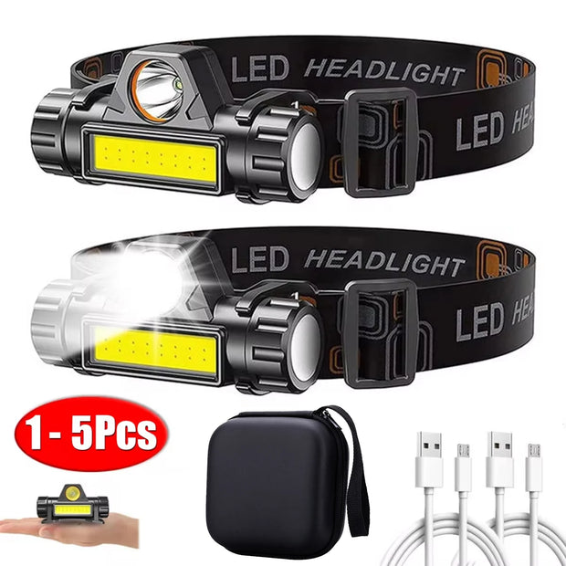 1-5PCS Rechargeable COB LED Headlamp Strong Magnetic Powerful Headlight Super Bright Waterproof Head Torch For Outdoor Fishing