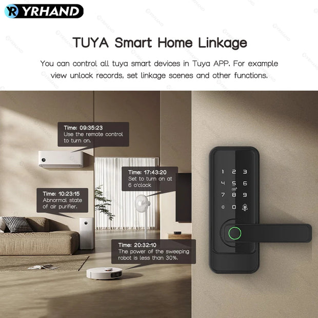 YRHAND Waterproof Biometric Electronic Lock Digital Lock Tuya App Remote Unlock Keyless Fingerprint Smart Door Lock For home