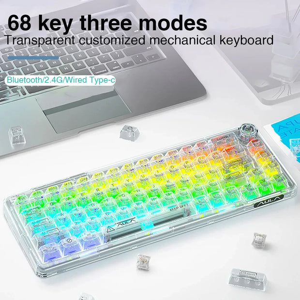 AULA F68 Mechanical Keyboard 2.4G Wireless/BT/Wired Transparent Keycaps For Colored Lights Work Gaming Keyboard W/ RGB Backlight