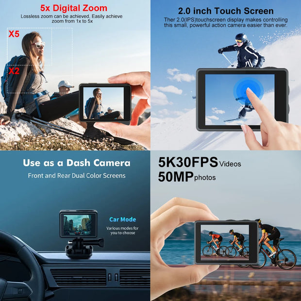 5K Action Camera 4K60FPS Dual IPS Touch LCD DVR EIS 170° 30M Waterproof 5X Zoom Sport Camera With Wireless Mic&Remote Control