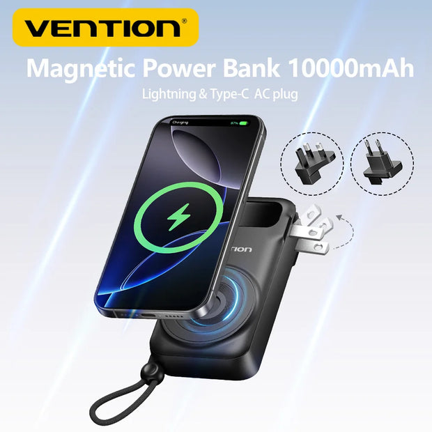 Vention Qi2 15W Magnetic Power Bank 10000mAh Wireless External Battery Portable Powerbank Type C AC for iPhone 12-16 Fast Charge