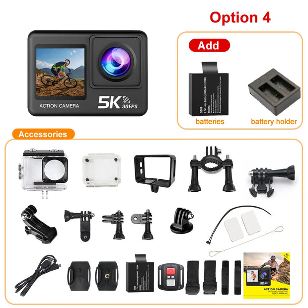 Action Camera 5K 4K60FPS EIS Wi-Fi Dual Screen 170D 2.0 Inch Touch Screen 30M Waterproof Sport Camera With Remote Control