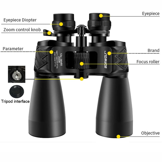 Borwolf 12-36X60 Binoculars BAK4 Prism FMC Optical Lens High Power Hunting Birdwatching Light night vision telescope