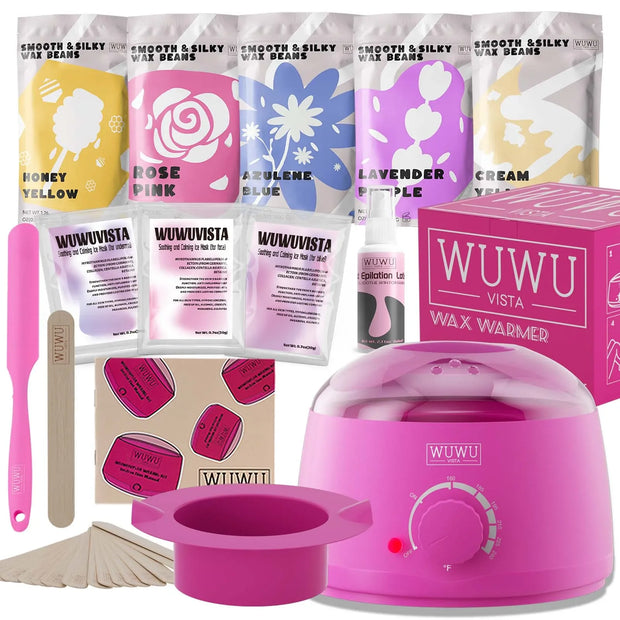 Waxing Kit WUWUVISTA Hair Removal Wax Kit Wax Melt Warmer Waxing Beads Face/Brazilian/Full Body/Bikini/Sensitiive skin(23 items)