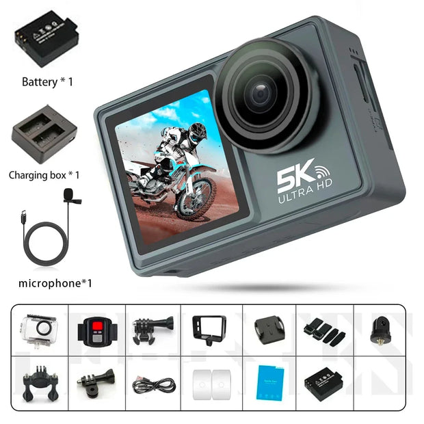 2025 NEW Action Camera 5K 4K 60FPS WiFi Anti-shake Dual Screen 170° Wide Angle 30m Waterproof Sport Camera with Remote Control