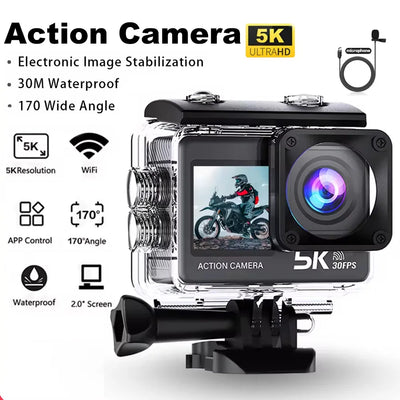 Action Camera 5K 4K60FPS EIS Wi-Fi Dual Screen 170D 2.0 Inch Touch Screen 30M Waterproof Sport Camera With Remote Control