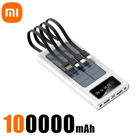 Xiaomi New Solar Power Bank 200000mA Large Capacity Mobile Power Fast Charging Battery With Dual USB 4 Cables For iPhone Samsung