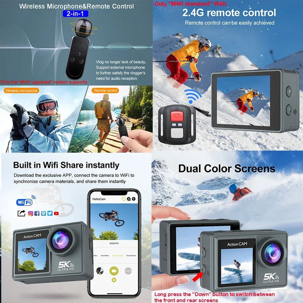 5K 4K60FPS Action Camera Dual IPS Touch LCD EIS 170° DVR 30M Waterproof 5X Zoom Sport Camera With Wireless Mic & Pre Recording