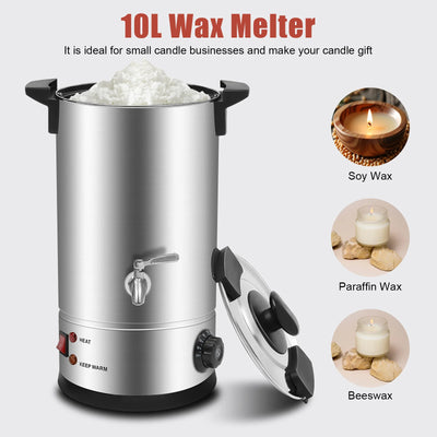 10L Electric Wax Melting Pot Stainless Steel Cup-shaped Candle Making Warmer Temperature Control W/Sealing Lid&Indicator Light