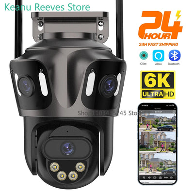 6K HD Outdoor Wifi PTZ Camera Three Lens 4K Dual Screen IP Camera Auto Tracking Color Night Video Surveillance CCTV P2P iCsee