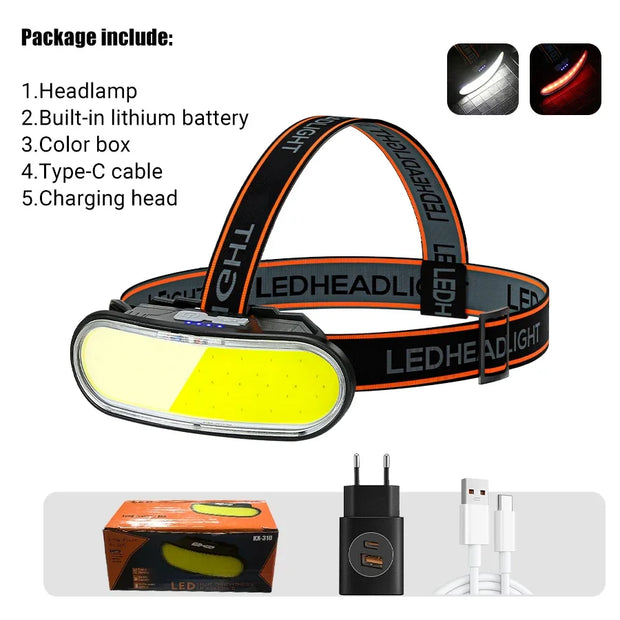 1300LM COB LED Headlamp USB Rechargeable Head Flashlight with Built in Battery 5-mode Lighting Outdoor Fishing Camping Headlight